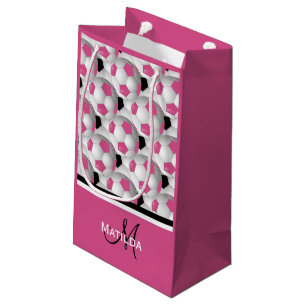 Petit Sac Cadeau Motif de football noir rose Monogramme