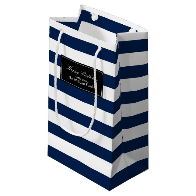 Petit Sac Cadeau Motif de la Marine Blue Stripes Personnalisé (Devant Angle)