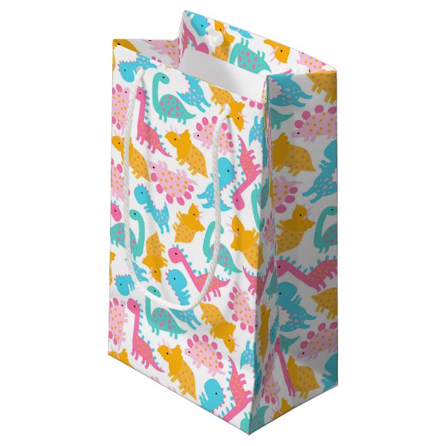 Petit Sac Cadeau Motif Dinosaur rose et Turquoise (Devant Angle)