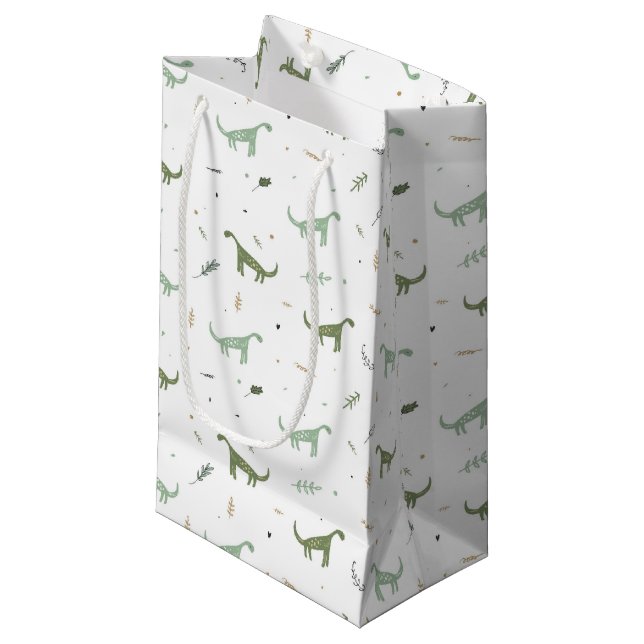 Petit Sac Cadeau Motif Dinosaure Vert (Devant Angle)