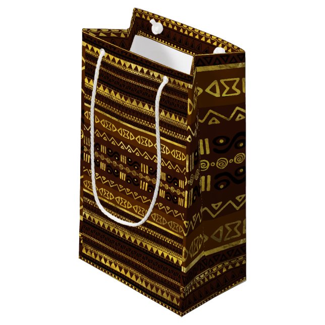Petit Sac Cadeau Motif d'or africain ethnique sur le brun (Devant Angle)