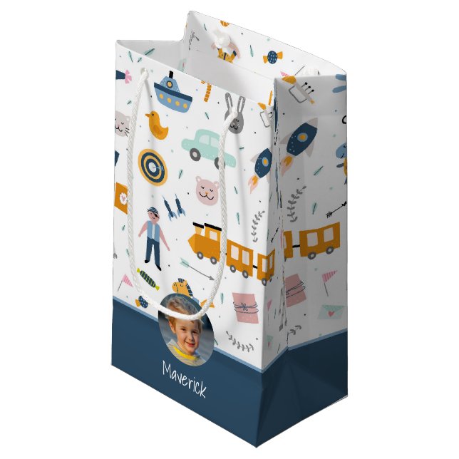Petit Sac Cadeau Motif enfant mignon Photo et nom Boy Blue (Devant Angle)