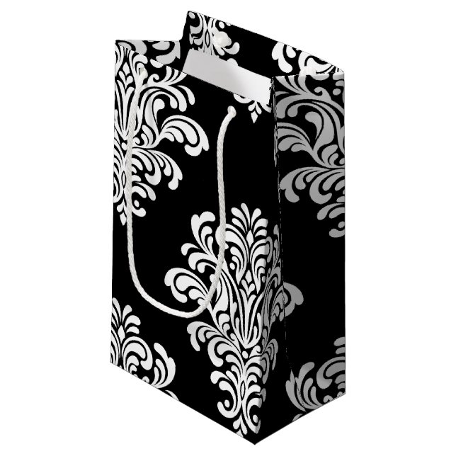 Petit Sac Cadeau Motif floral damassé blanc (Devant Angle)