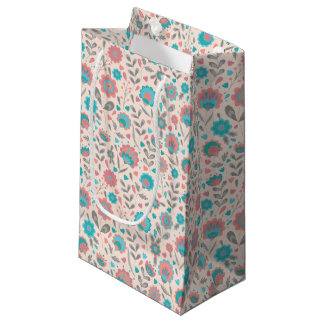 Petit Sac Cadeau Motif floral d'art populaire turquoise et de