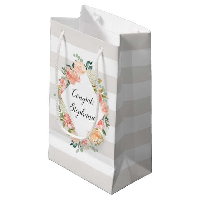 Petit Sac Cadeau Motif floral et rayures personnalisées (Devant Angle)