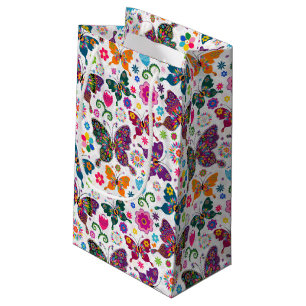 Petit Sac Cadeau Motif Monogramme de papillons colorés et de fleurs