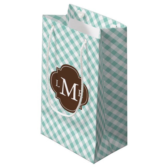 Petit Sac Cadeau Motif Monogramme Mint Green En vichy (Devant Angle)