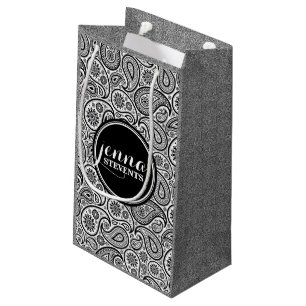 Petit Sac Cadeau Motif paisley vintage noir et blanc monogrammé