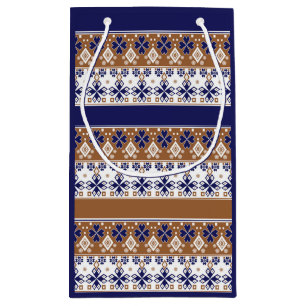 Petit Sac Cadeau Motif scandinave rayé brun bleu