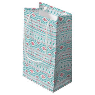 Petit Sac Cadeau Motif tribal aztèque turquoise et rose
