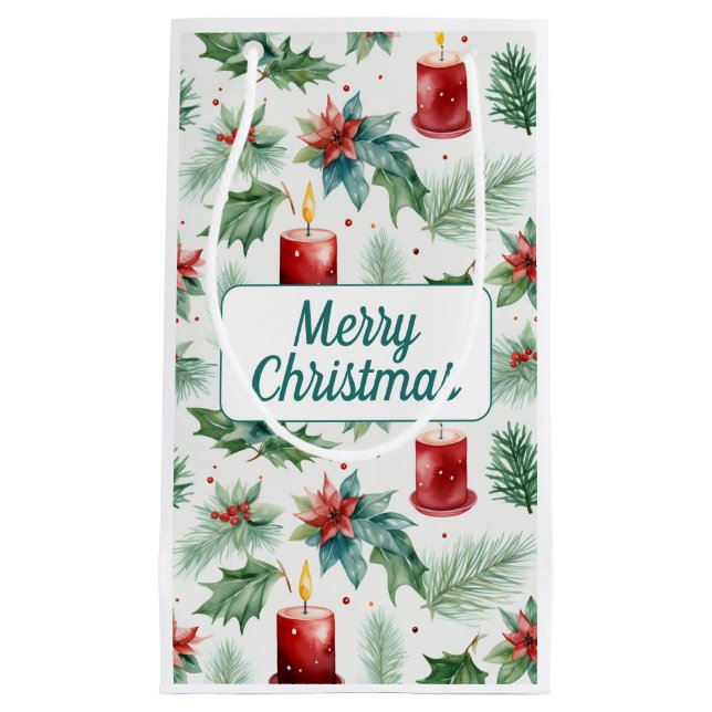 Petit Sac Cadeau Motifs de Noël verts et rouges - (Devant)