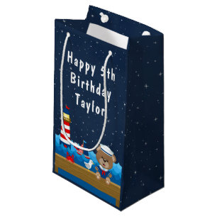 Petit Sac Cadeau Nautical Boy Bear Rouge et Marine Joyeux anniversa