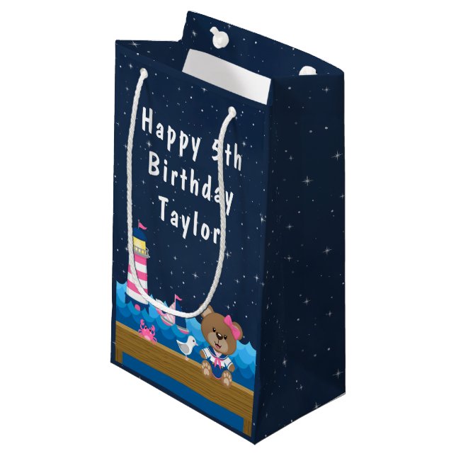 Petit Sac Cadeau Nautical Girl Bear rose et Marine Joyeux anniversa (Devant Angle)