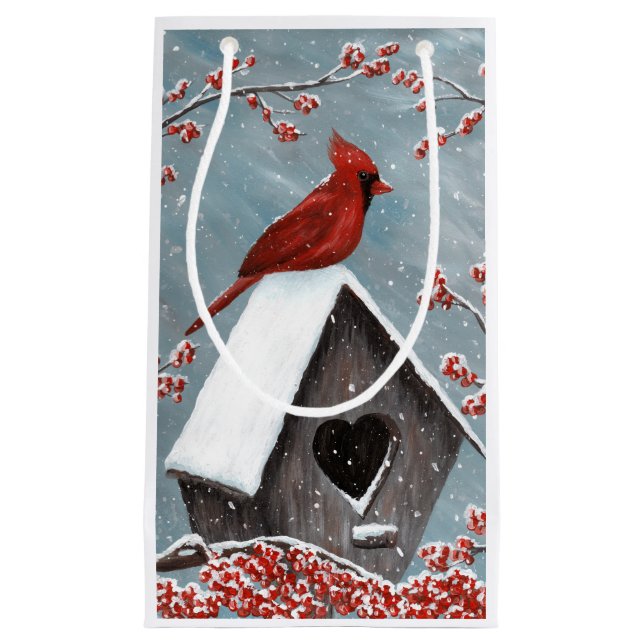 Petit Sac Cadeau Neige cardinale du nord d'hiver (Devant)
