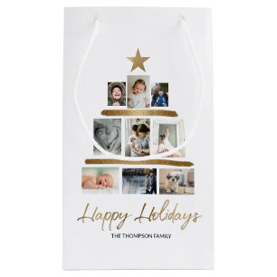 Petit Sac Cadeau Noël arbre photo famille collage Happy Holidays