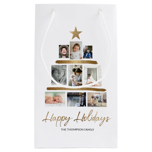 Petit Sac Cadeau Noël arbre photo famille collage Happy Holidays (Dos)