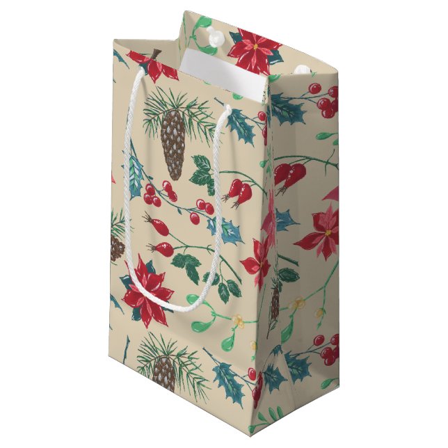 Petit Sac Cadeau Noël botanique traditionnel (Devant Angle)