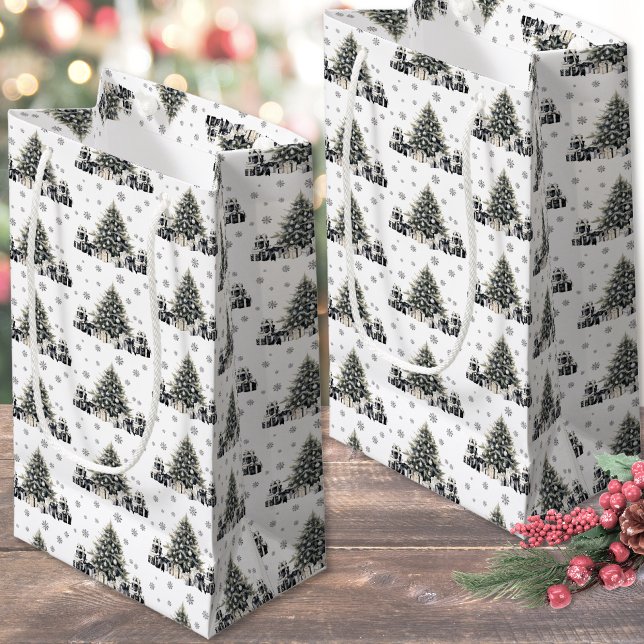 Petit Sac Cadeau Noël élégant noir et blanc (Black White Elegant Christmas Tree Small Gift Bag)