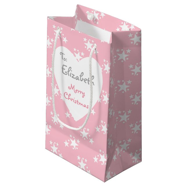 Petit Sac Cadeau Noël rose avec étoiles blanches (Devant Angle)
