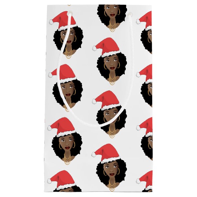 Petit Sac Cadeau Noël Santa Hat, Femme noire, Cheveux naturels (Devant)
