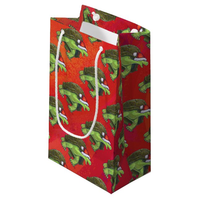 Petit Sac Cadeau Noël Tortue Sur Rouge (Devant Angle)