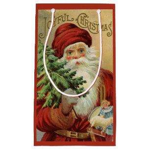 Petit Sac Cadeau Noël vintage, Père Noël victorien avec arbre