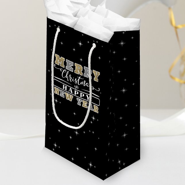 Petit Sac Cadeau Noir Argent & Or Joyeux Noël Bonne Année (Black Silver & Gold Merry Christmas Happy New Year Small Gift Bag)