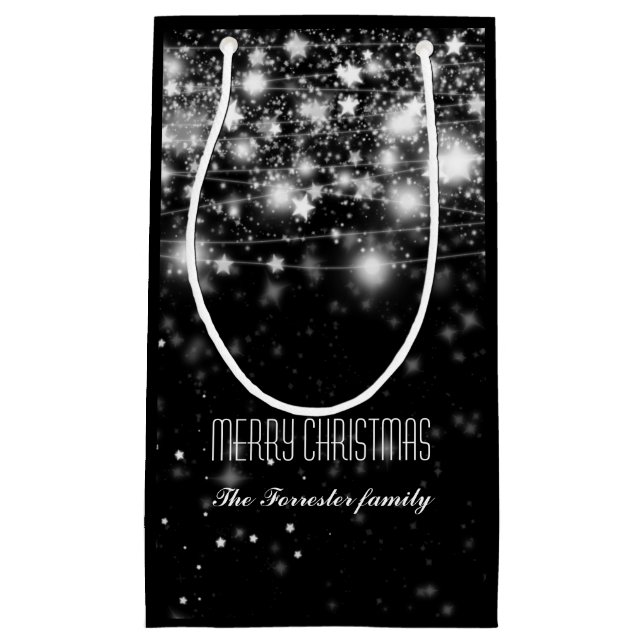 Petit Sac Cadeau Noir élégant miroitant le Joyeux Noël d'étoiles (Devant)