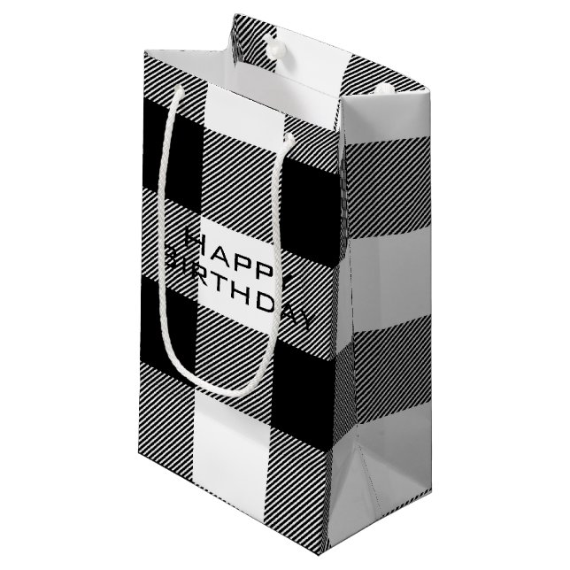 Petit Sac Cadeau noir et blanc Joyeux buffle d'anniversaire plaid (Devant Angle)