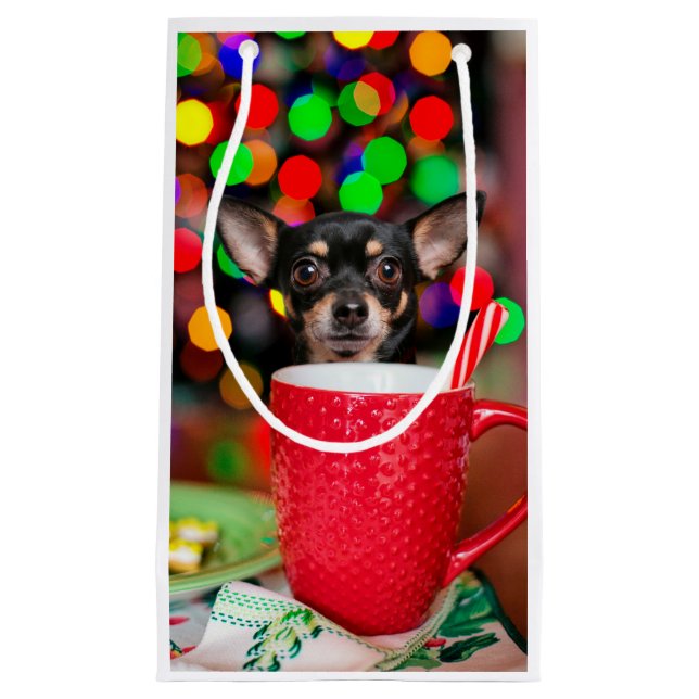 Petit Sac Cadeau Noir et tan Chihuahua Noël (Devant)