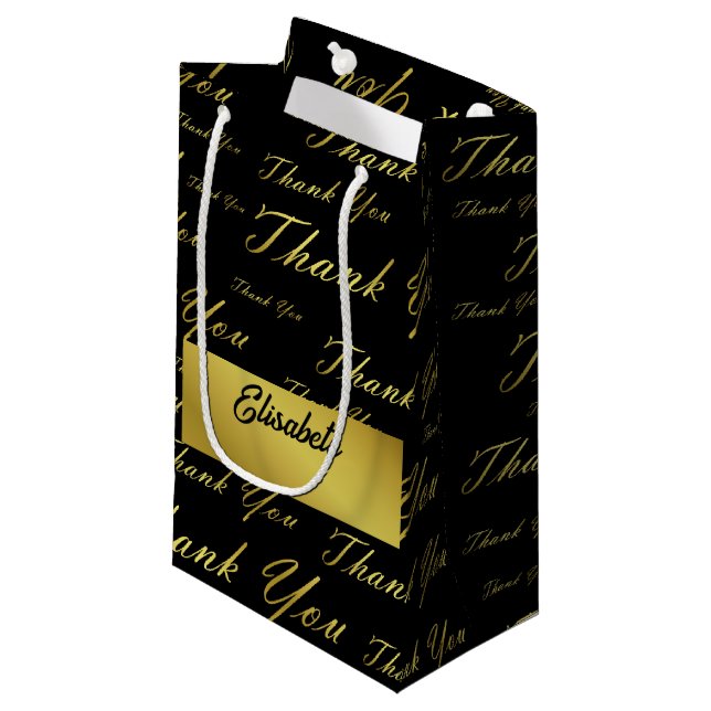 Petit Sac Cadeau noir, or, argent, merci + vous, fleurs, floral, (Devant Angle)