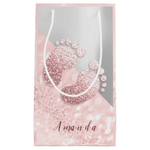 Petit Sac Cadeau Nom Bébé pieds Rose or Baby shower rose argent