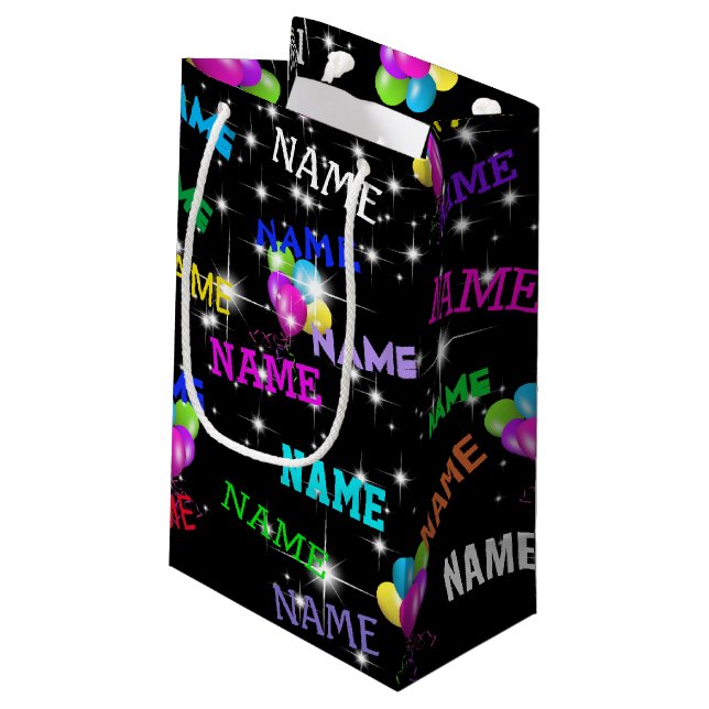 Petit Sac Cadeau Nom de l'anniversaire et ballons dans les étoiles (Dos Angle)