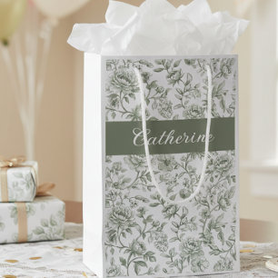 Petit Sac Cadeau Nom de monogramme de toile vintage florale vert sa