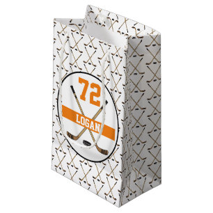 Petit Sac Cadeau Nom du joueur de hockey personnalisé Numéro orange