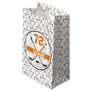Petit Sac Cadeau Nom du joueur de hockey personnalisé Numéro orange