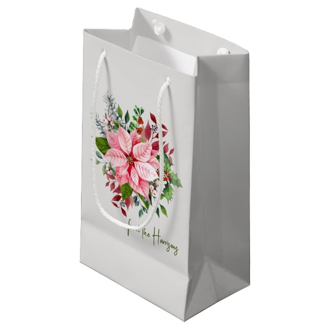 Petit Sac Cadeau Nom élégant, Bouquet Pink Poinsettia (Devant Angle)