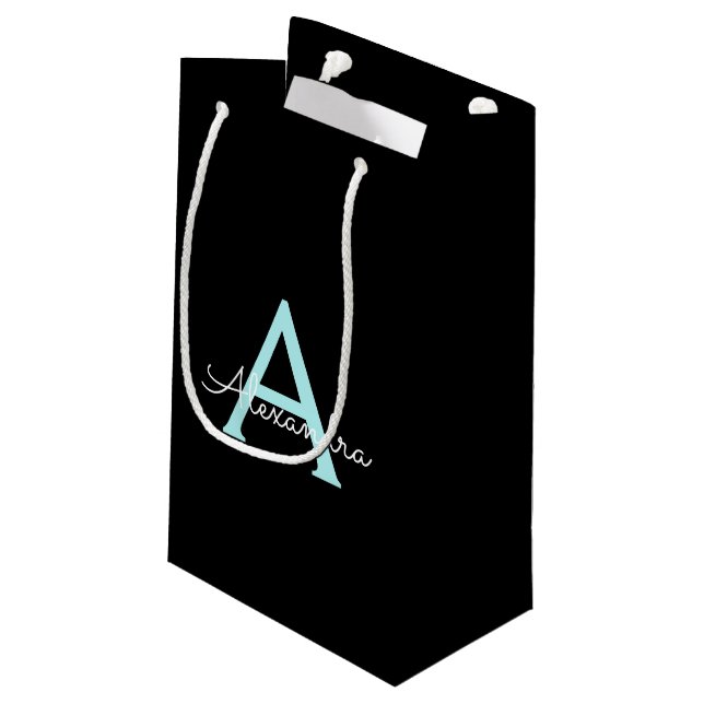 Petit Sac Cadeau Nom en monogramme girly bleu sarcelle aqua Script (Dos Angle)