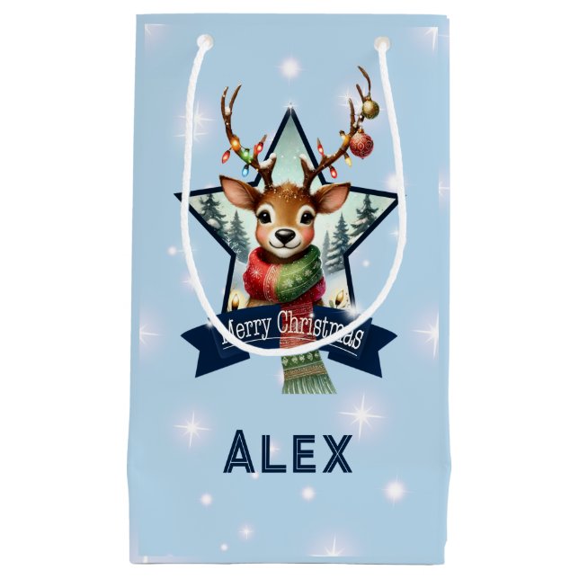 Petit Sac Cadeau Nom personnalisé Joyeux rennes de Noël (Devant)
