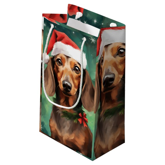 Petit Sac Cadeau OEuvre de peinture de Noël de Dachshund (Dos Angle)