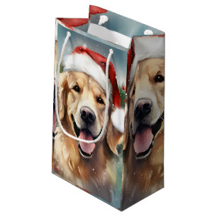 Petit Sac Cadeau OEuvre de peinture de Noël Golden Retriever