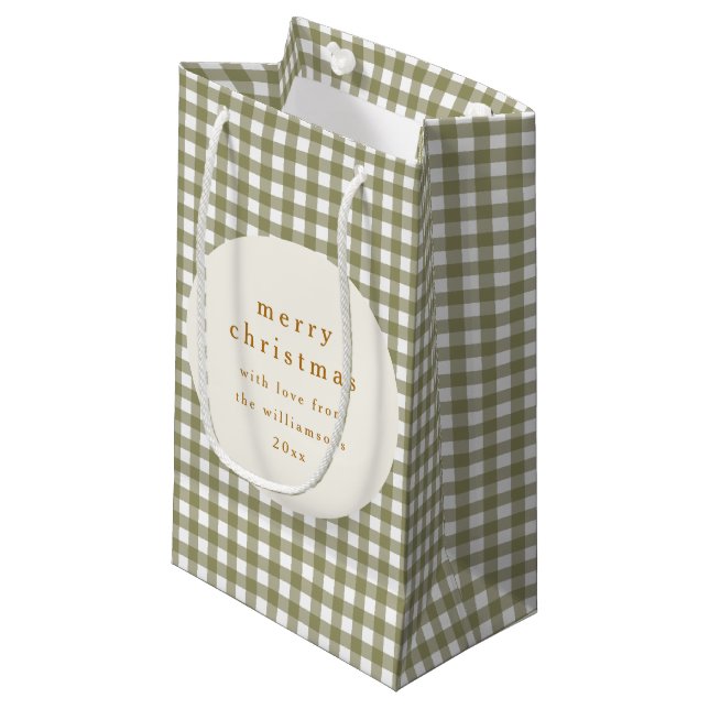 Petit Sac Cadeau Olive En vichy Plaid Personnalisé De Noël (Devant Angle)