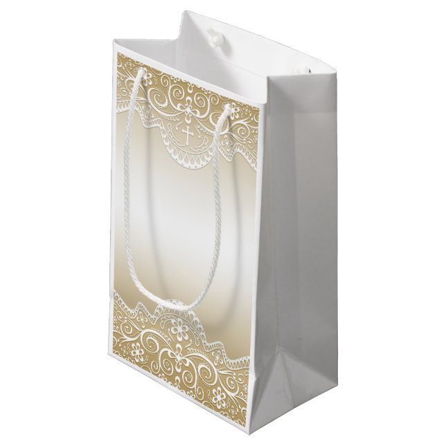Petit Sac Cadeau Or avec dentelle, croix, religion (Devant Angle)