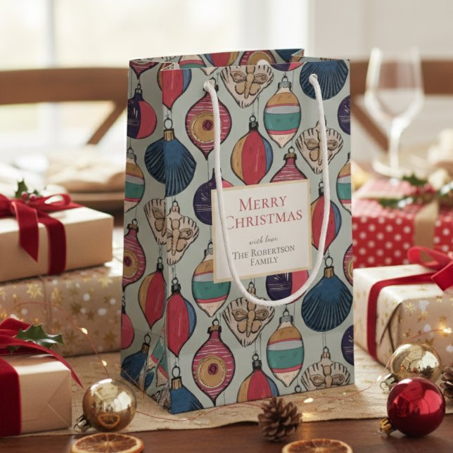 Petit Sac Cadeau Ornements de Noël vert Sage rustique (Colorful Sage Green Vintage Ornaments Xmas Wrapping Paper. Retro Chic Xmas Holiday Season Pattern)