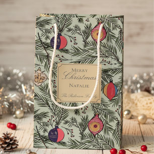 Petit Sac Cadeau Ornements Vintages de Noël vert et or Baies de pin