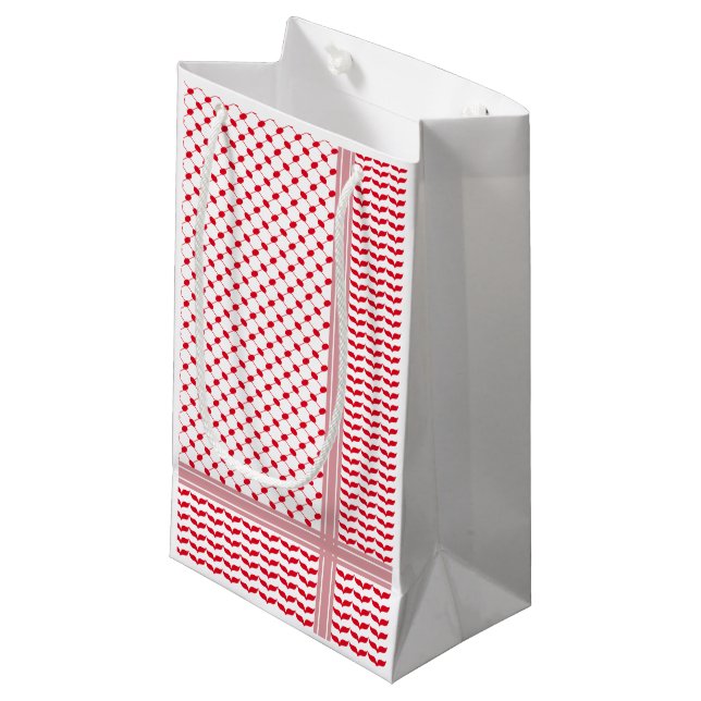 Petit Sac Cadeau Palestinien Rouge et Blanc Keffiyeh (Devant Angle)