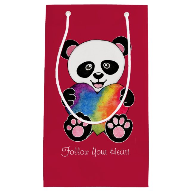 Petit Sac Cadeau Panda Aquarelle Cute Avec Coeur Arc En Ciel (Devant)