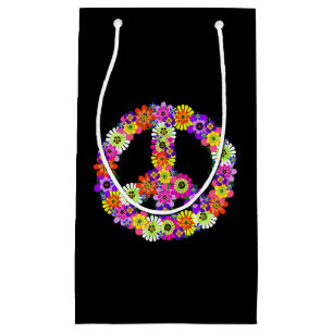 Petit Sac Cadeau Panneau de paix Floral sur noir