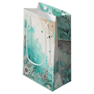 Petit Sac Cadeau Papier Éphémère Aquarelle Turquoise