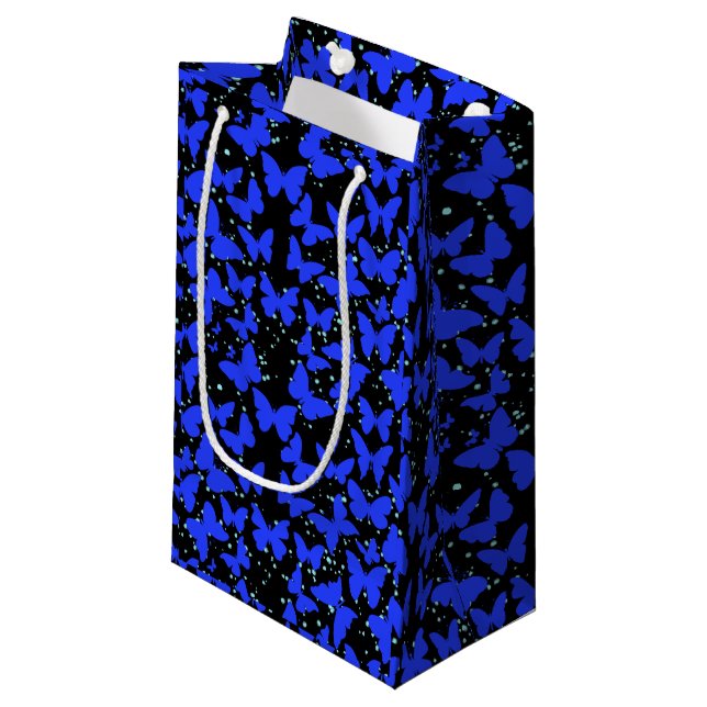 Petit Sac Cadeau Papillons bleus Motif C01.b Black BG (Devant Angle)